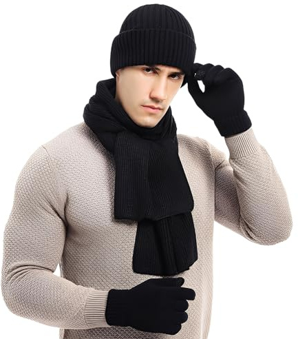KRUIHAN Cappello Sciarpa e Guanti Set Guanti da Uomo Touch Screen Berretto Foderato in Pile Elasticizzato Cappello Sciarpa Inverno Termico 3 PZ Set Regalo per Uomo