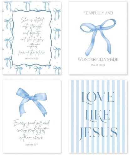 Vesavifaka Blaue Coquette Zimmerdeko mit Schleifenbildern, 4 Stück Bibelverse Wanddeko, Preppy Poster 25x20 cm für Schlafzimmer Hellblaue Schleifen Wohnheim Poster Aesthetic Room Decor für Mädchen