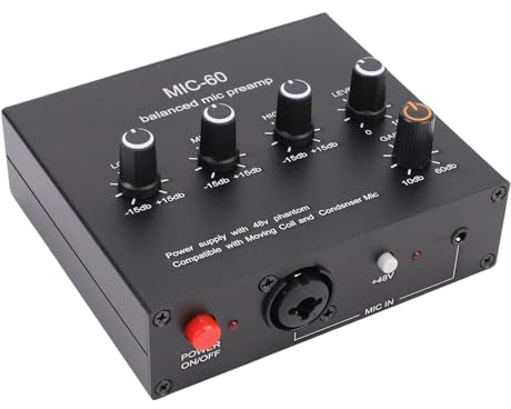 SPYMINNPOO 60 DB Mikrofon Gain Booster, Vielseitige Konnektivitätsmikrofonvorverstärker, Dynamischer und Kondensatorer AMP mit 48 -V -Phantomleistung, Treble Alto Bass Einstellung, Vorverstärker von