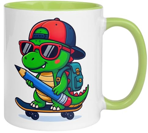Dino Tasse | Cooler Dinosaurier auf Skateboard mit Bleistift | Lustige Tasse für Schule und Einschulung | Witziger Becher mit Dino Motiv | Geschenkidee für Schüler und Lehrer