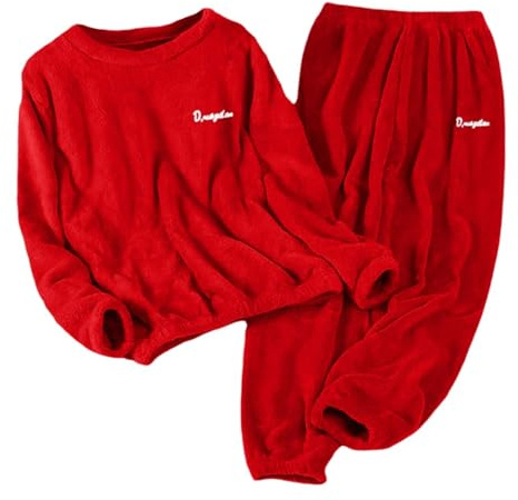 Pigiama Uomo Donna Invernale S-5XL in Velluto Corallo Spessore 2 Pezzi con Pullover Pile e Pantaloni Caldo Pigiami Abbinati Coppia Simpatici Casual Matching Pajamas Elegante per Case Esterno