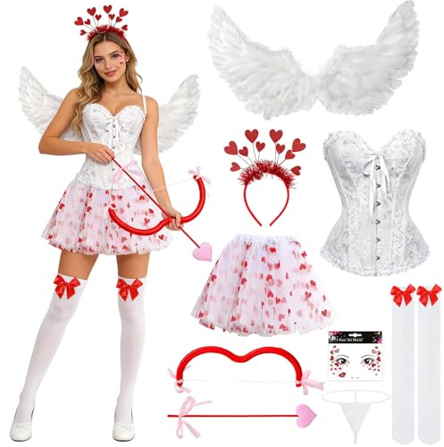 ZeiLaBang Kakadi 9 Stück Amor Kostüm Damen, Karneval Kostüme Amor Set, Cupid Engel Kostüme Erwachsene mit Engelsflügel, Amor Pfeil und Bogen für Valentinstag