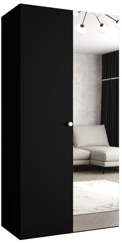 MEBLE KRYSPOL - Kleiderschrank - Garderobenschrank - 100 cm x 202 x 52 cm - Schrank mit Kleiderstange und Spiegel, 2 Türen - für Schlafzimmer, Flur - Parma, Schwarz, Griff Silber