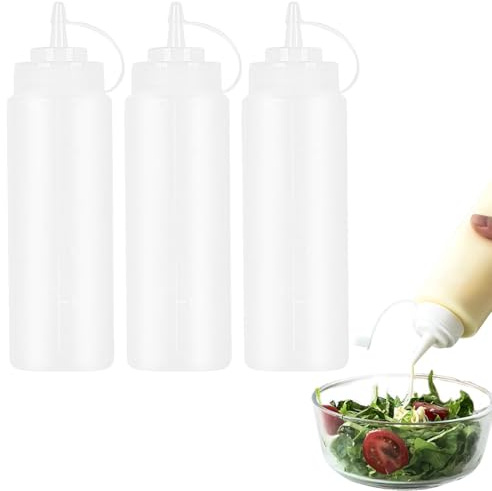3 Stück Quetschflasche 500 ml , BPA‑frei Plastik Squeeze Flasche für Saucen | Wiederverwendbare Soßenspender, Ketchup‑Flasche mit Deckel und Skala, Dosierflasche für Öl, BBQ‑Soße, Sirup und Gewürze