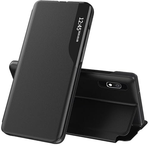 Techsuit für Samsung Galaxy A10 M10 Flip Wallet Hülle mit Kartenfach, Standfunktion, Smart View Fenster, Kameraschutz, Kratzfest, eFold Series, PU Leder, Schwarz