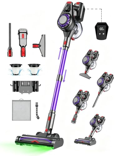 Akku Staubsauger Kabellos 45kPa 50Mins 480W, für Böden Teppiche Tierhaare | V-Anti-Tangle-Bürste Selbststehender Akkustaubsauger Grünen LED-Licht, 2 Saugstufen Akkusauger Kabellos mit Wandladestation