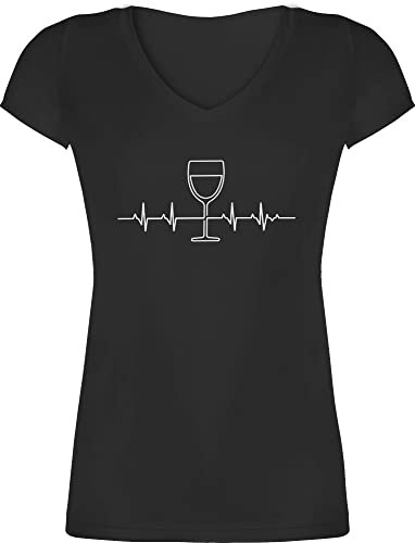 T-Shirt Damen V Ausschnitt - Symbol und Zeichen Outfit - Herzschlag Wein Vino Weinliebhaber - M - Schwarz - Shirt Alkohol Statement-t-Shirt Statement weinglas Shirts mädelstruppe mit Statements