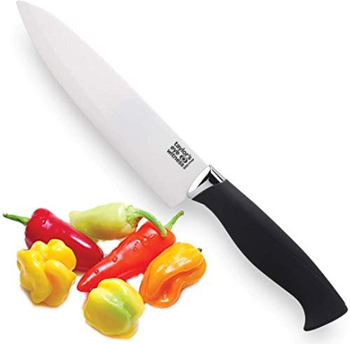Taylors Eye Witness Ceramic Blade Chef’s Knife with Sheath 6 Inch/15 cm. White Zirconia Ceramic Blade with Black Soft Grip Handle. Corrosion/Rust Resistant. Stays Sharp far Longer Than Steel.