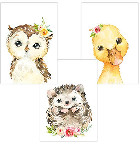 Olgs Kinderzimmer Poster Bilder 3er Set | Deko Wandbilder für Babyzimmer | Dekoration Baby Tiere Mädchen Junge | Auf dem Feld: Eule Igel Ente