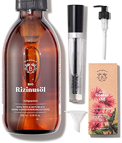 Bionoble Olio di Ricino Biologico 200ml - 100% Puro, Naturale e Pressato a Freddo - Ciglia, Sopracciglia, Capelli, Barba, Unghie - Vegan Castor Oil - Bottiglia di Vetro + Pompa + Kit Mascara