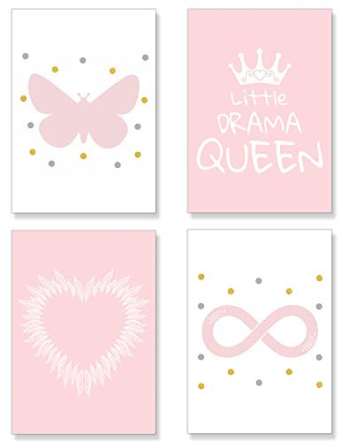 PREMYO Bilder Kinderzimmer Deko Mädchen - Poster Set Babyzimmer - Wandbilder Schlafzimmer Schmetterling Herz Rosa A4