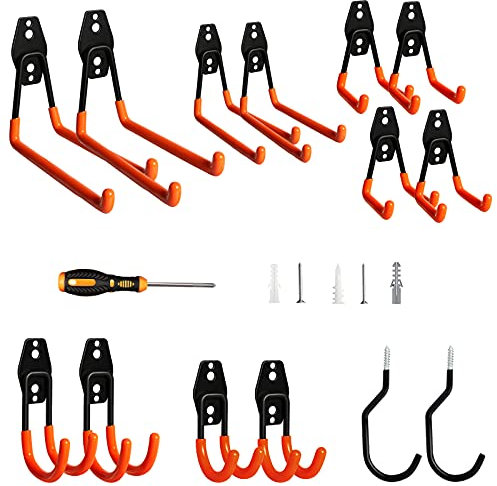 LAVAVIDA Haken,14 Stück Garage Storage Doppelhaken Wandhaken Gerätehaken, Multi Größe Heavy Duty Eisen Werkzeughalter Fahrrad Wandhalterung für Home Chair Ladder, Elektrowerkzeugen, Organisation