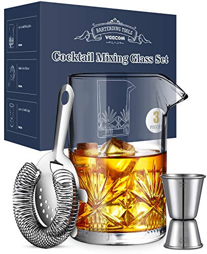 Cocktail Mixing Glass, veecom 3 Piece Old Fashioned Cocktail Kit, 550ml Mixing Glass Cocktail Making Set for Martini, Mojito, Mixer Cocktail Set Cocktail Shaker Set with Strainer, Jigger