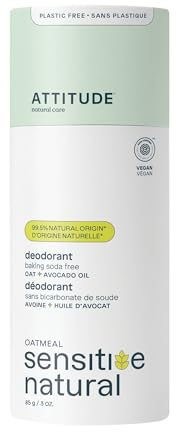 ATTITUDE Baking Soda Free Deodorant for Sensitive Skin with Oatmeal and Avocado Oil, EWG Verified, Aluminum Free, Plastic-Free, 85 grams
