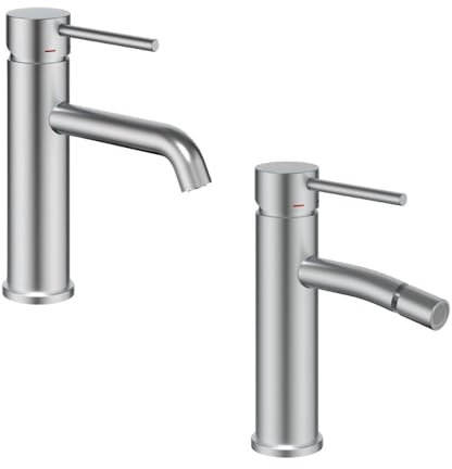Miscelatore Monocomando Bagno Serie Jazz QuickInstall Piletta Click Clack Leva in Metallo Cartuccia Ceramica Design Moderno Nickel Spazzolato (Coppia Lavabo Bidet)