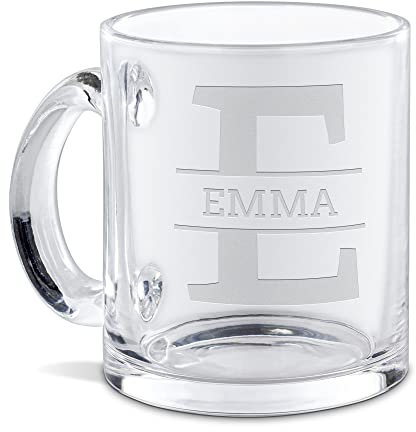 PR Print Royal Personalisierte Glastasse graviert mit Ihrem Anfangsbuchstaben E und Namen - Namenstasse graviert, Geschenkidee, Geburtstagsgeschenk | Lasergravur, Eckige Schrift, 300ml