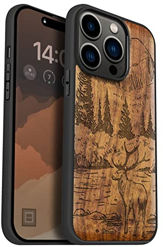 Carveit Holz Hülle für iPhone 14 Pro, Nussbaum-Berge und Hirsche | Cover kompatibel MagSafe [Holz und TPU Silikon Hybrid Hull] Magnetisch Case für iPhone 14 Pro Handyhülle