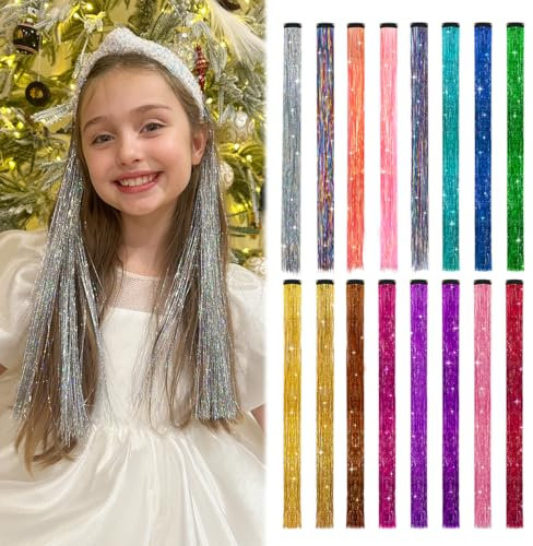 MYKURS Clip in Lametta Haarverlängerungen für Kinder, Glitter Haarverlängerung Clips, Fee Haar Lametta Kit für Mädchen, 16 PCS