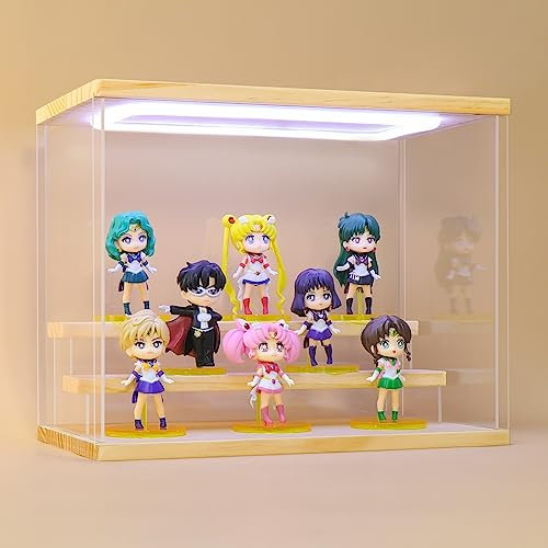 Naconmlet Acryl Vitrine/Schaukasten/Display Case/mit LED/3 Stufen Transparent Display Box für Lego Modellautos, Figuren, Sammlerstücke(Holz, 3 Stufen 32.2x19x25.8cm)