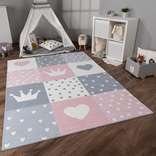 Paco Home Tapis Chambre Enfant Bebe Fille Garcon Antidérapant Arc-en-Ciel Coeur Pois, Dimension:200x280 cm, Couleur: Crème Rose Gris