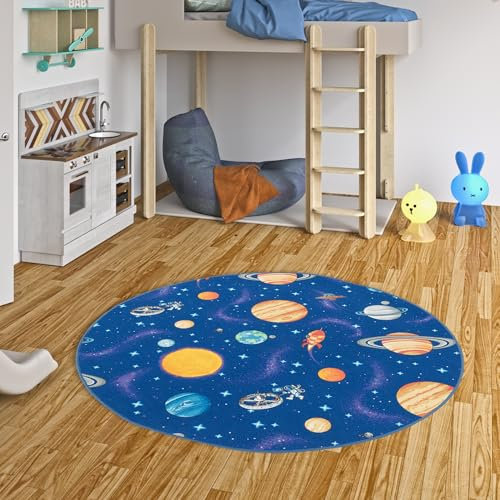 Snapstyle Kinderteppich Spielteppich Kinderzimmer Pflegeleicht Weltall Blau Bunt Rund in 7 Größen