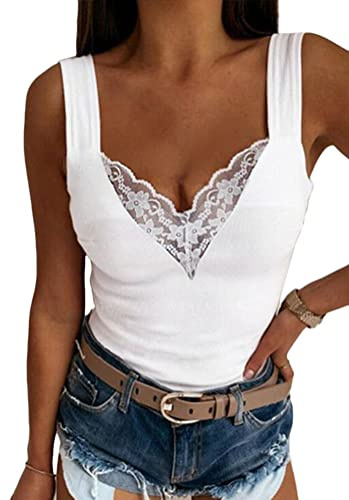 Tomwell Damen Sommer Armellose Einfarbiges Tanktop Sexy V-Ausschnitt Spitzenbesatz Camisole Mode Casual Spitze Top T-Shirt Strand Vest Bluse
