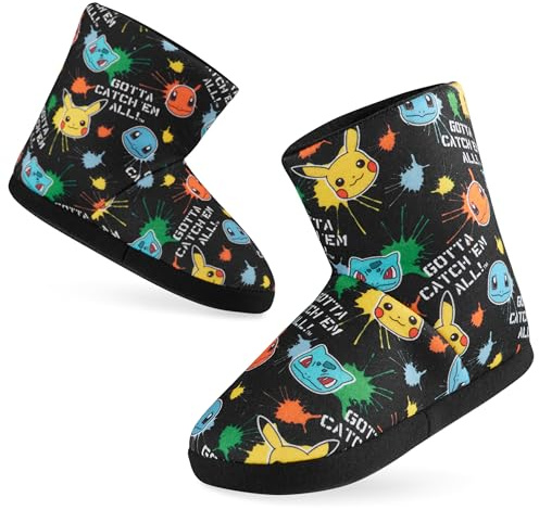 Pokemon Boys Slippers Boot Slippers Pikachu Bulbasaur Soft Kids Shoes Non Slip House Shoes Anime Gifts for Boys (13 UK, Black Aop)