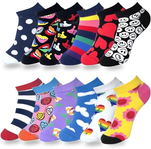 Kevaler 12 Paar Damen Lustige Socken Herren Baumwollsocken Sneakers Socken Kurzsocken mit Tier Obst Essen Meisterwerk Motiv Sportsocken Größe: 35-42