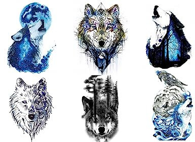 Tatouages loups pour homme - Faux tatouages - Tatouages d'animaux - Faux tatouages - Festival - Loup 6 - Bleu