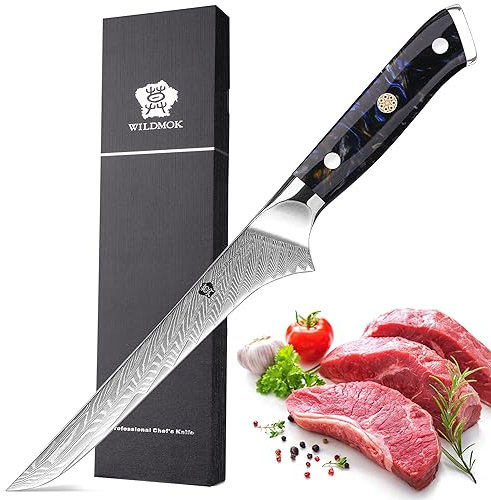 WILDMOK Cuchillo para deshuesar, cuchillo de corte japonés de Damasco, cuchillo para filetear para deshuesar de grado profesional, cuchillo para deshuesar de 7 pulgadas