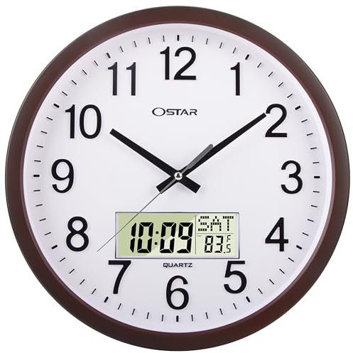 OSTAR 14 Inch Large Analogue Digital Display Wall Clock Silent Non-Ticking, Day of The Week Temperature Battery Operated Clock for Living Room Bedroom Kitchen