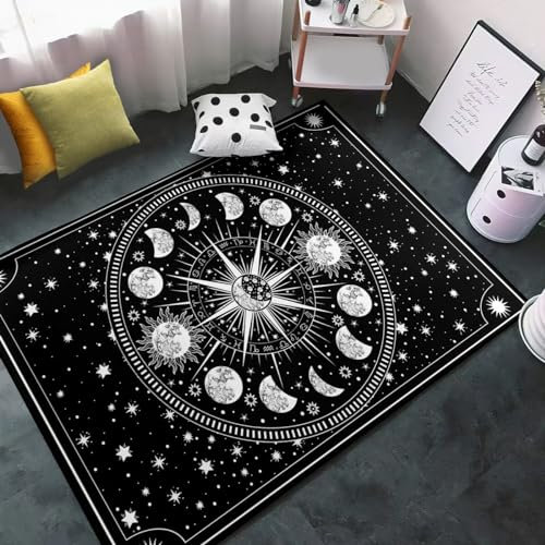 FEOFKJD Boho Himmelsteppich - Schwarz und Weiß Sternbilder Sternzeichen Teppiche Mond Teppich Solar Sterne Teppiche Gothic Bodenmatten für Schlafzimmer Wohnzimmer Esszimmer 90 x 150