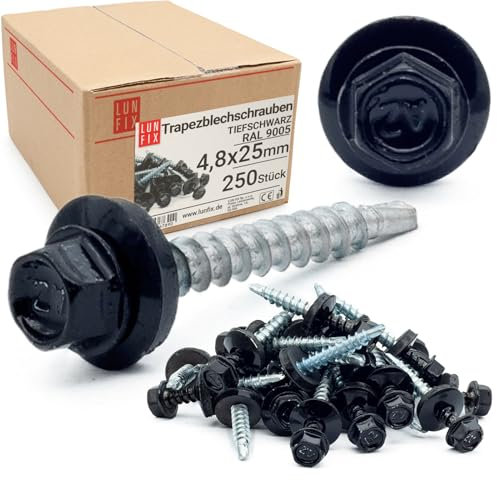 250x Vis autoforeuse metal 4,8x25 mm | RAL 9005 noir profond | vis autoperforante avec rondelles metal | vis à bois, vis bac acier, tirefond | Lun Fix