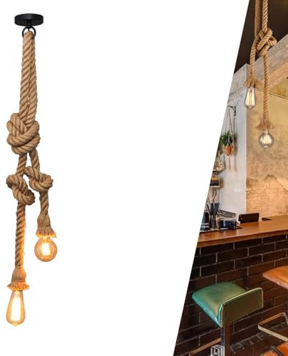 Hanfseil Hängelampe Vintage Pendelleuchte Hängeleuchte Pendelleuchte Deckenleuchte, E27 Industrie Seile Lampe Leuchte Deckenlampe Hängelampe DIY Kronleuchter Retro, für Küche Cafe Restaurant (250cm)