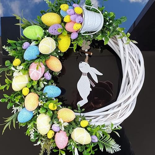 Osterkranz mit bunten Eiern, Hase, Osterdekoration, künstlicher Osterhase, Ei, Blumenkranz für Haustür, Außenwanddekoration, Wandbehang, Ornament (Hase + bunte Eier)