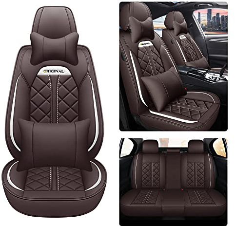 Awotzon Autositzbezug Für Dacia Sandero Stepway 5 Sitze Autositzbezüge Komplettset Allwetter Auto Sitzauflage Kunstledersitzbezug Mit Kopfstütze und Lendenkissen（Braun）