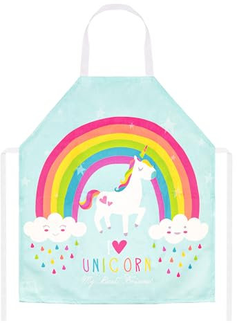TOPWAYS Schürzen für Kinder, Cartoon Kinderschürze Kochschürze für Jungen und Mädchen, Kinderschürze für Kunst, Malerei Gartenarbeit(Regenbogen Einhorn)