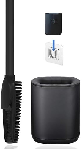 3in1 Toilettenbürste aus Silikon mit WC Bürsten Halter und Wandhalterung, Langer Stiel aus Edelstahl & Hygienisch mit Lamellen und Schaber – Toilettenbürstengarnitur für Badezimmer & Gäste-WC(Schwarz)