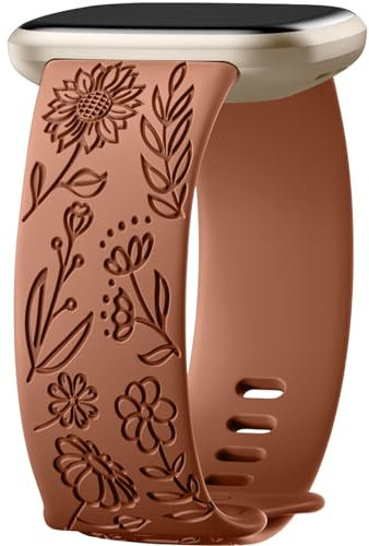 Oielai Sonnenblume Gravierte Armband Kompatibel mit Fitbit Versa 3/Fitbit Versa 4/Fitbit Sense/Fitbit Sense 2 Armband Damen, Weich Silikon Ersatzarmband für Versa 3/Versa 4/Sense 2/Sense, G RotBraun