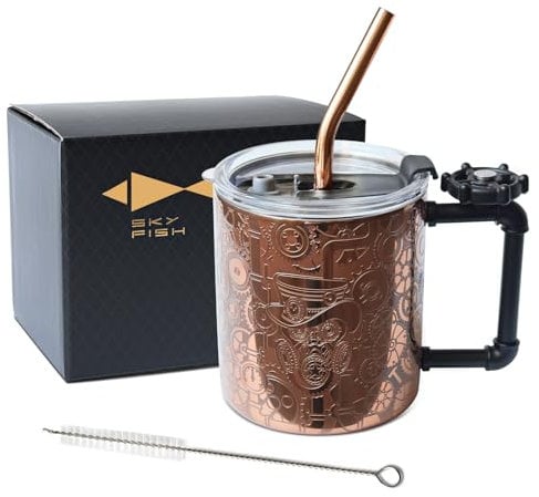 Sky Fish 3D Etched Coffee Mugs Stainless Steel Beer Mugs Water Cup coffee tumbler with Rotating Bearing Decompression Handle with Lid and Straw,12oz,21oz,copper,dark gray (Copper, 21oz)