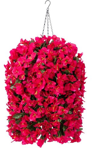 Künstliche Bougainvillea Kunstblumen, Pflanzenkörbe für den Außenbereich, Sommerdekoration, 3 Stück, künstliche Seide, lange hängende Reben, UV-beständig, realistisch, für Haustür, Veranda, Terrasse