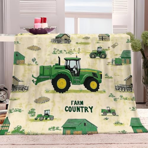 Kuscheldecke Fleecedecke 100x130 cm Cartoon Grüner Traktor Flauschig Decke Warme Sofa Decke, Kuschlige Wohndecke Weich Wohnzimmer Couchdecke Sherpa Decke für Winter