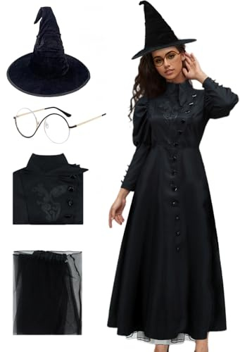 Bad West Witch Costume Adult Women Wizard Black Dress with Hat Glasses Halloween Cosplay Witches Outfit Fancy Dress