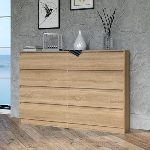 Home Collective Kommode, Schlafzimmer Flur, Schrank, Sideboard, Highboard mit 8 Schubladen, Breite 140 cm Höhe 97 | Sonoma