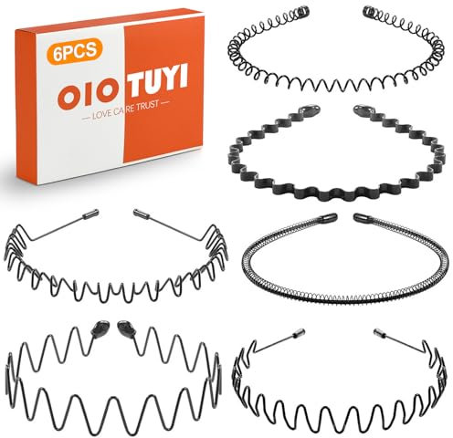 OioTuyi 6 Stück Metall Haarband, Unisex Haarreifen für Männer & Herren, Welle Metall Stirnband, Rutschfeste Zähne, Schwarz Multi-Stil für Outdoor Sports Yoga