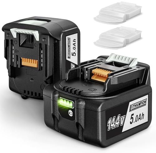 Lot de 2 batteries Li-ion de rechange 14,4 V 5000 mAh pour Makita BL1450 BL1440 BL1430 BL1415 BL1415N avec affichage LED et couvercle de batterie