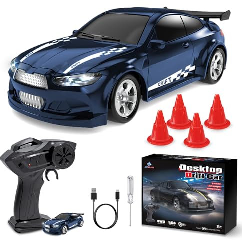 BuzzoXerex Voiture Télécommandée Drift, 1:64 Mini RC Drift Car, 4WD Mini Voiture Télécommandée avec Lumière LED, 15km/h, Cadeau de Voiture Jouet pour Les Enfants de Plus de 6 Ans (Bleu Vif)