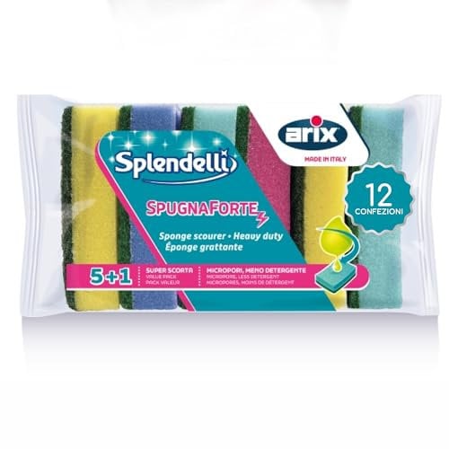 ARIX | 72 Spugne Abrasive Colorate SpugnaForte della Linea Splendelli, Spugne Multiuso per Lo Sporco Ostinato, 12 Confezioni da 6 Spugne - Made In Italy