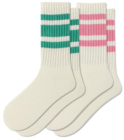 Fszsaa Chaussettes amusantes à rayures rétro pour femmes, chaussettes sportives en coton pour femme, Lot de 2 - rose pâle/vert sarcelle, taille unique