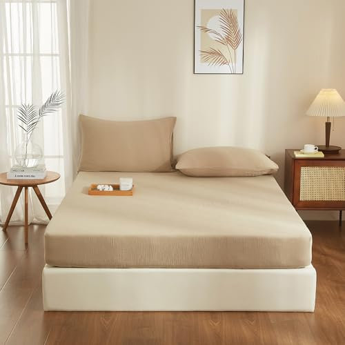 YASMENG Doppelte Muslin Spannbettlaken 90x200cm 100% Baumwolle Khaki Muslin Bettlaken 90x200cm Baumwolle Weich Atmungsaktiv Kuschelige Spannbetttuch Boxspringbett Geeignet für 30cm Matratze